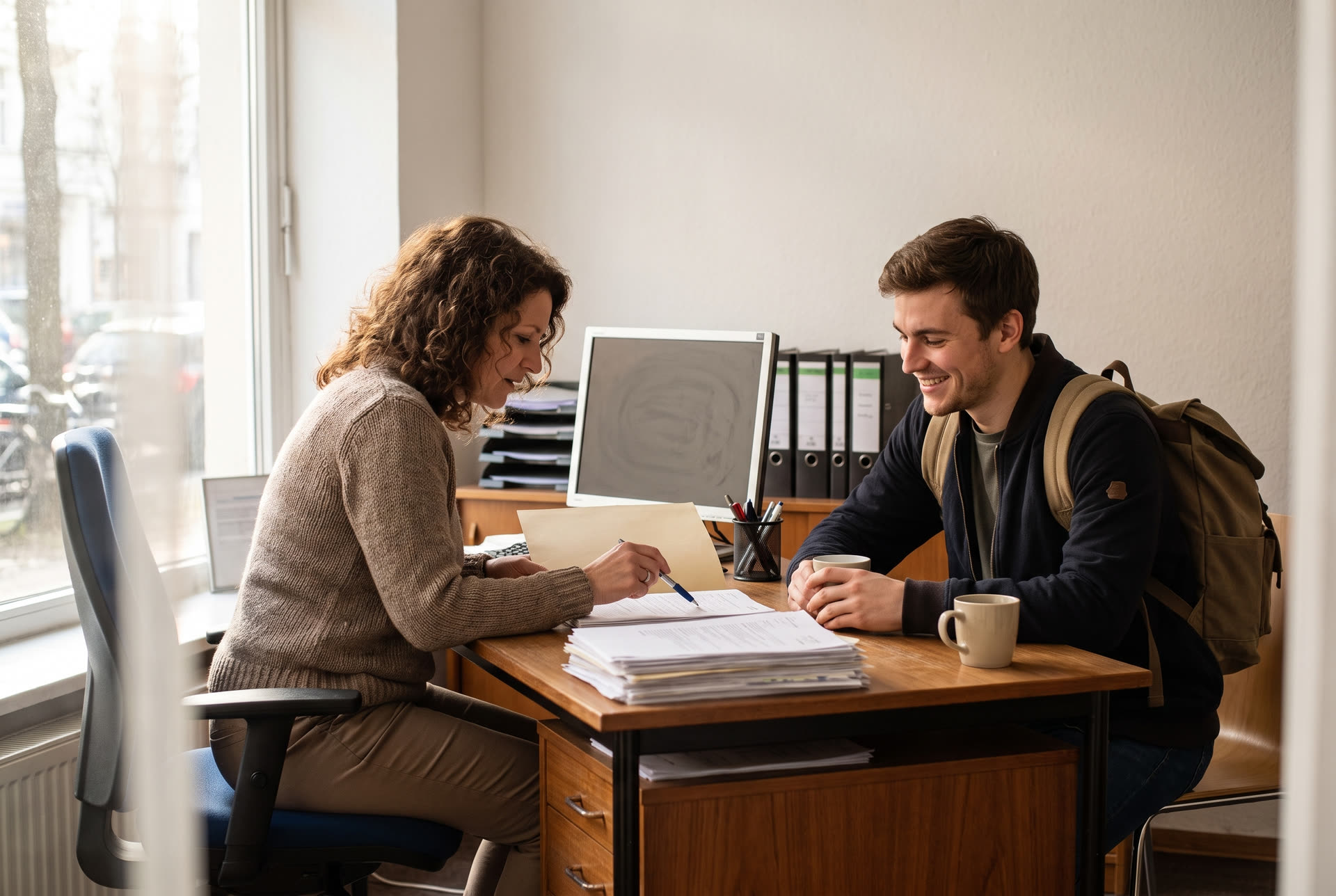 Beratungsgespräch am Schreibtisch: eine Mitarbeiterin erklärt einem jungen Fahrschüler die Anmeldeunterlagen.