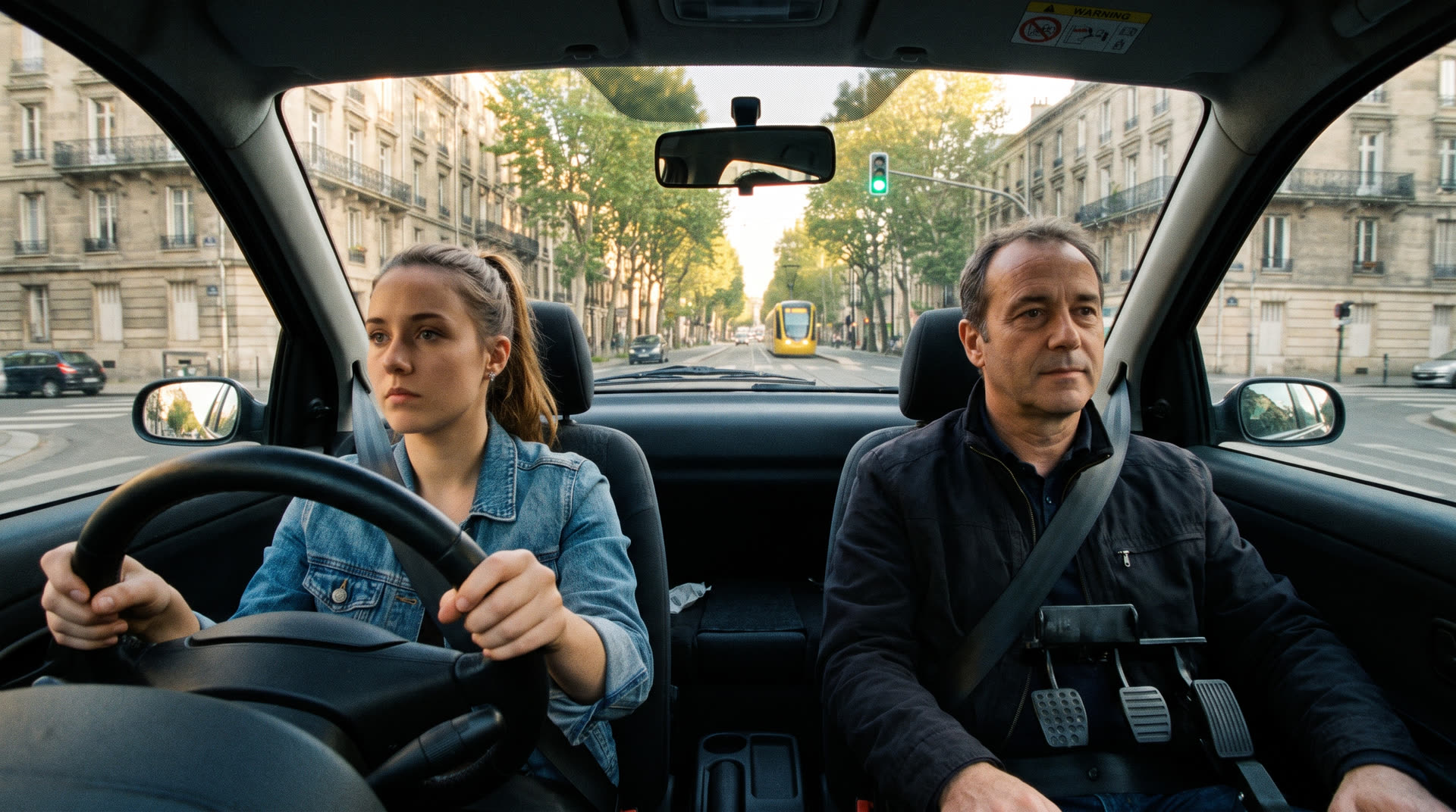 Fahrschülerin am Steuer während einer Fahrstunde auf einer Straße in Berlin, daneben der Fahrlehrer auf dem Beifahrersitz.