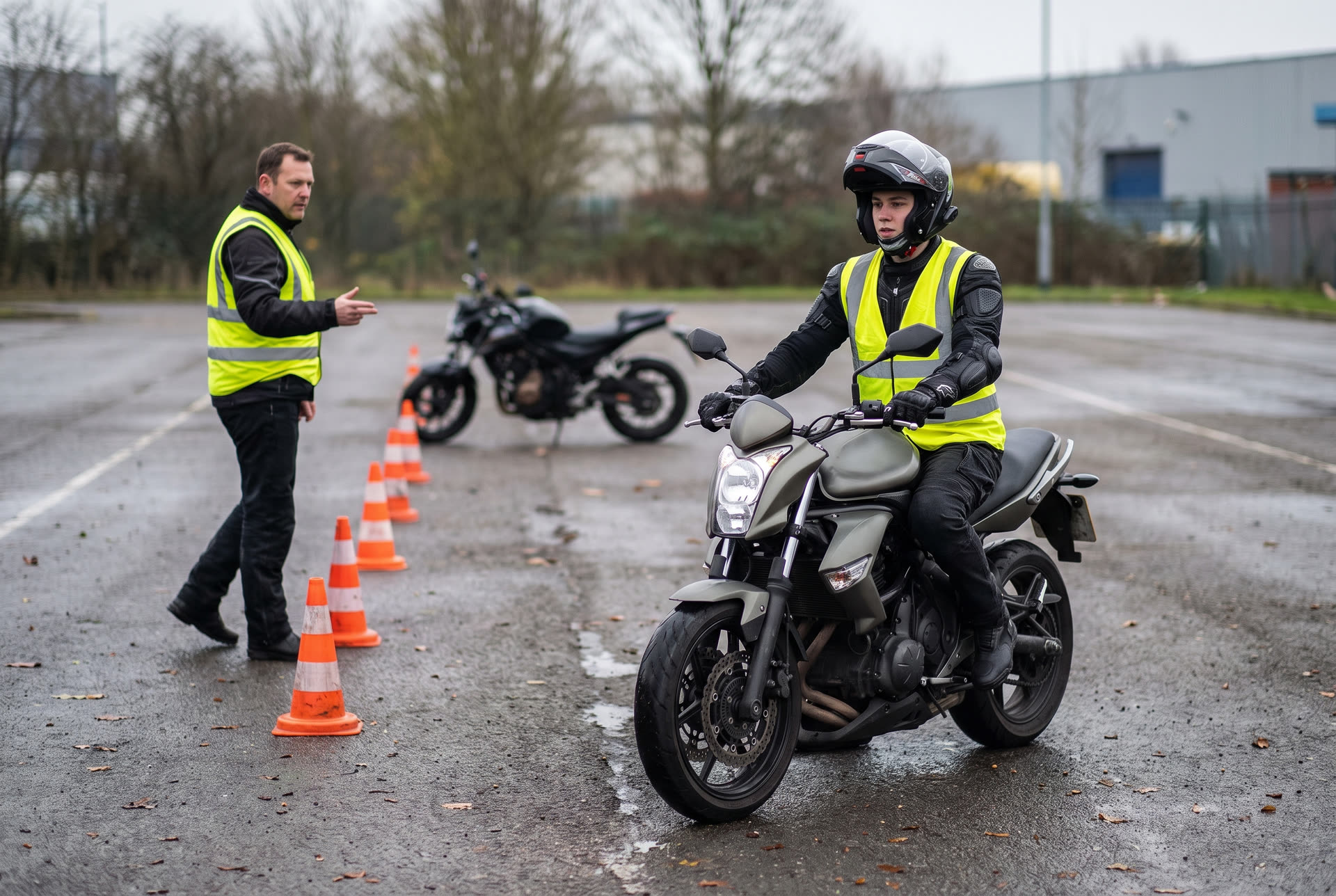 Fahrschüler in Schutzkleidung auf einem Motorrad bei einer Übung mit Pylonen auf einem Übungsplatz, daneben der Fahrlehrer.