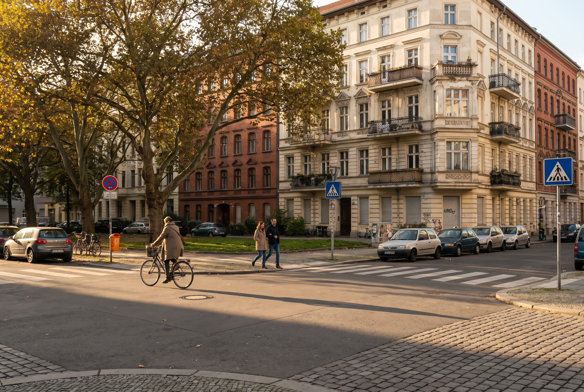 Wohnplatz mit Gründerzeit-Häusern und alten Bäumen im Berliner Bezirk Neukölln.