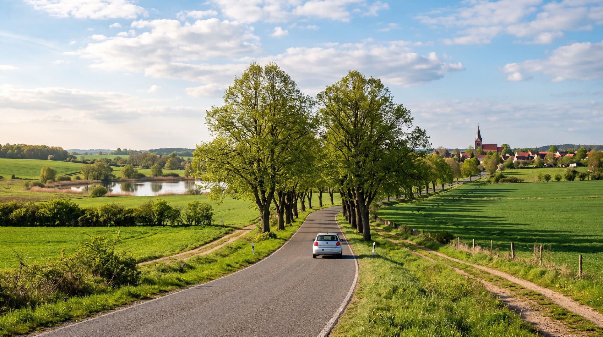 Allee mit alter Baumreihe auf einer Landstraße in Brandenburg, wie sie bei einer Überlandfahrt befahren wird.