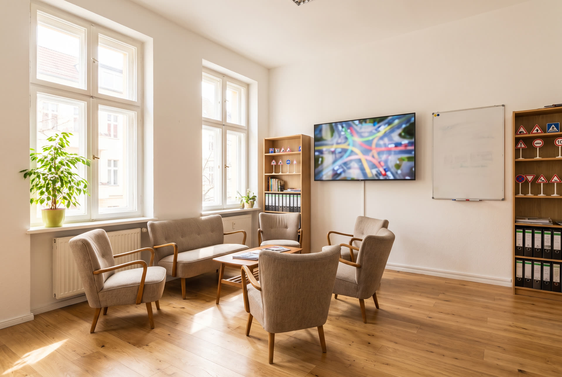 Heller, rauchfreier Unterrichtsraum der Fahrschule mit gemütlicher Sitzecke, Whiteboard und Verkehrszeichen-Modellen.